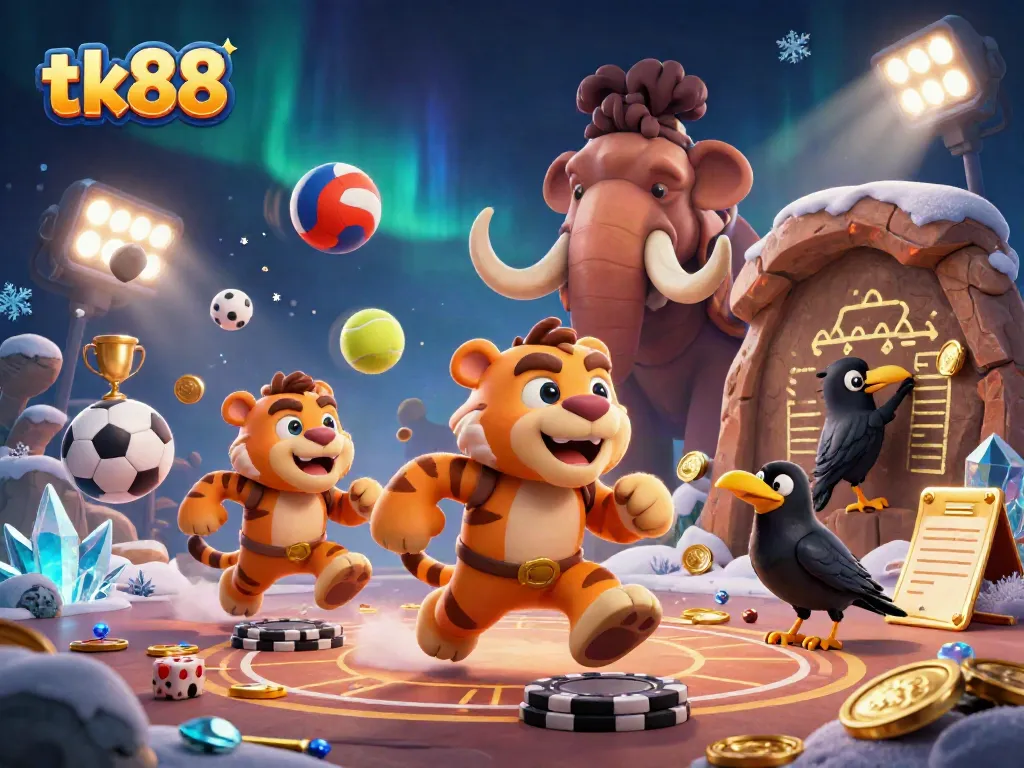 Experience the vibrant world of tk88 with a dynamic prehistoric casino scene featuring unique characters and lively gameplay elements.