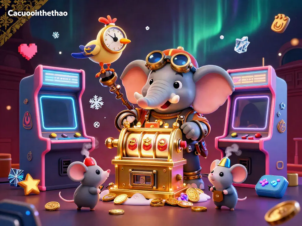 Cacuocthethao showcases a steampunk elephant operating a golden slot machine in a vibrant arcade environment.