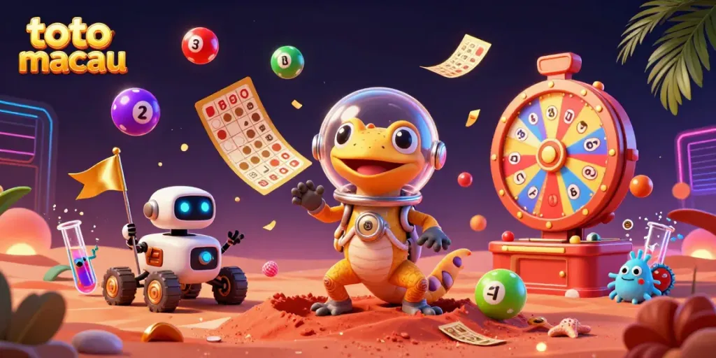 Menangkan di toto macau dengan ilustrasi casino berwarna cerah dan karakter menarik.
