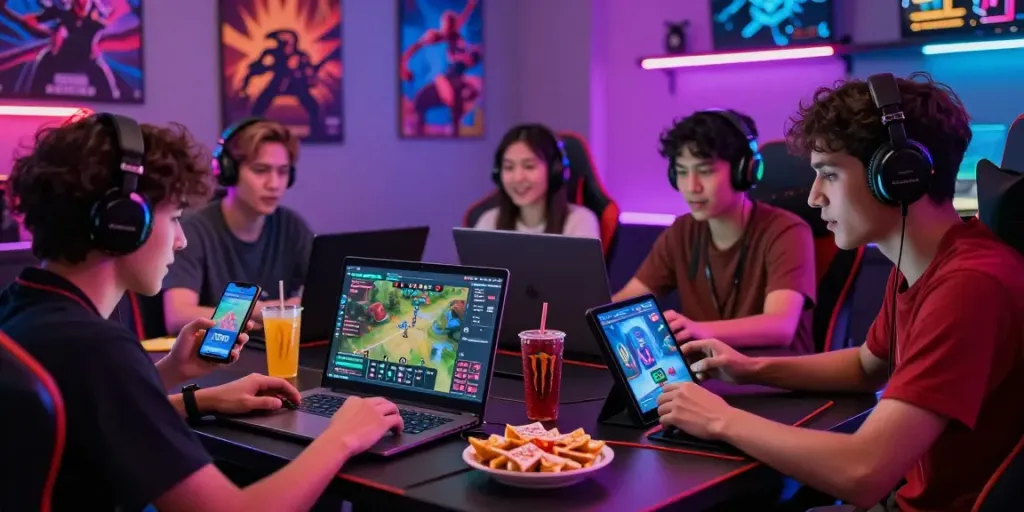 An exciting gaming scene with friends exploring the nyonya4d platform on multiple devices in a vibrant atmosphere.