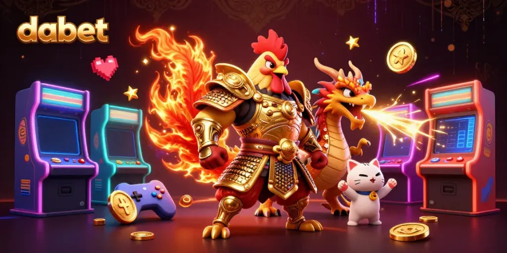 Dabet's dynamic casino experience captured with a battling rooster warrior, a dragon hatchling, and arcade energy.