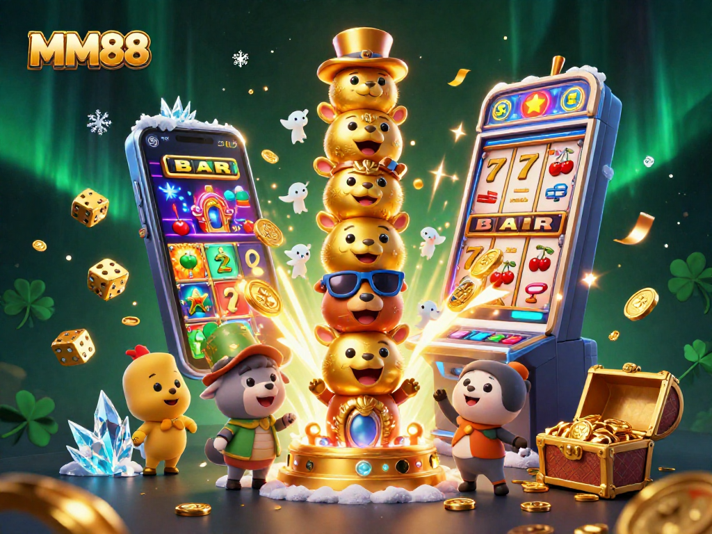 Engage with MM88's vibrant casino experience through a dynamic 3D gaming illustration showcasing slots, golden treasures, and lively characters.