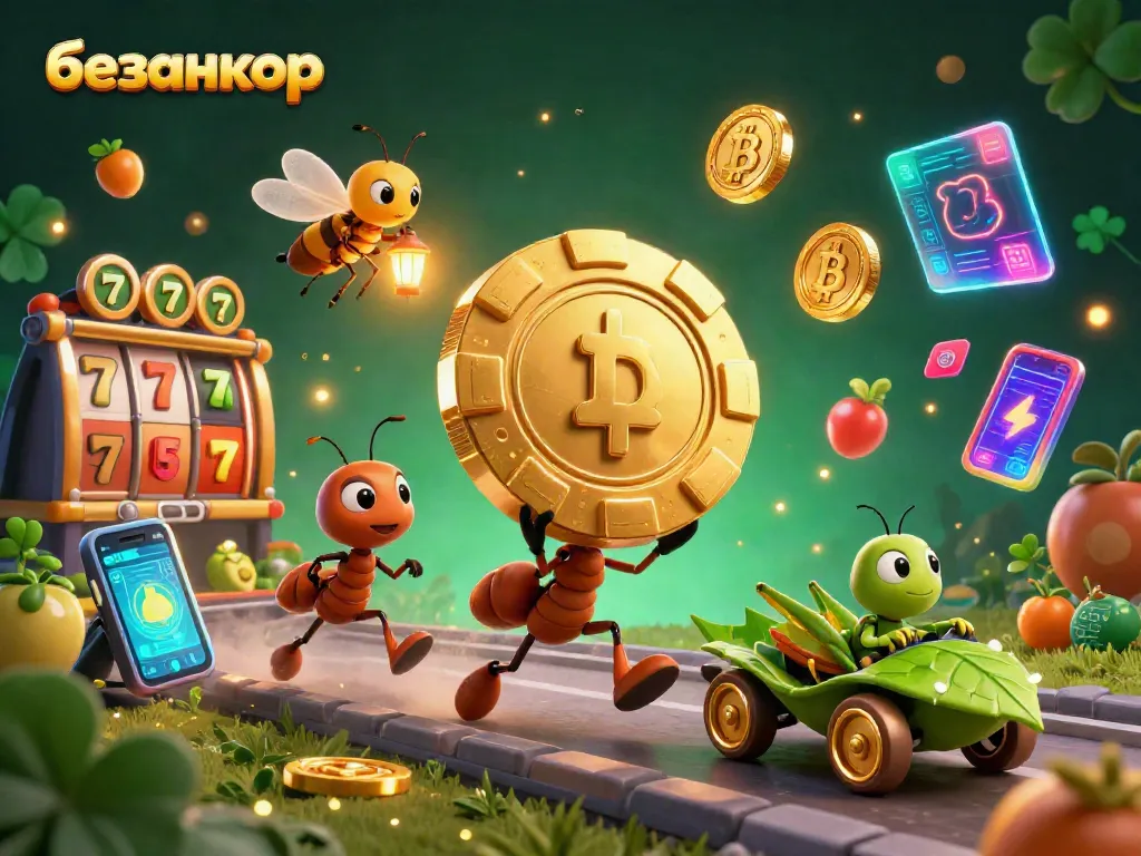 Experience безанкор online casino with vibrant 3D ants and golden poker chips in action, set in a lively gaming atmosphere.