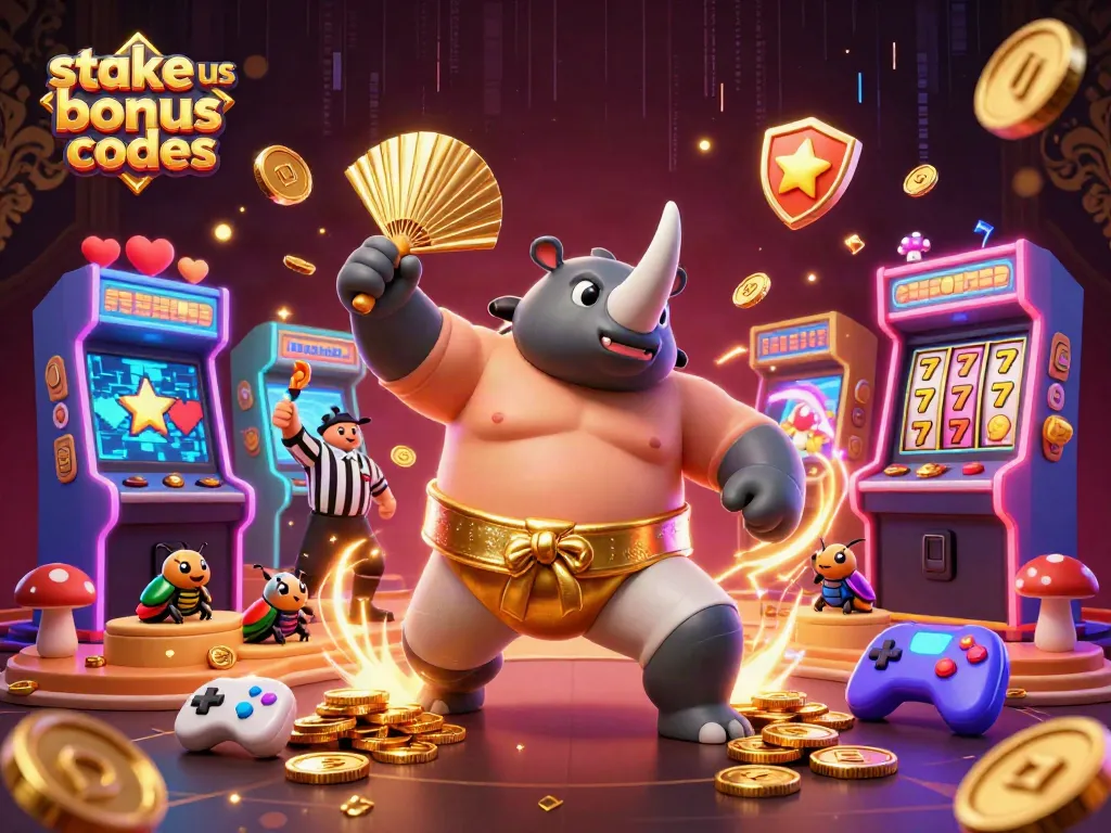 Engage with stake us bonus codes as a beetle champion celebrates with flying coins and arcade elements.