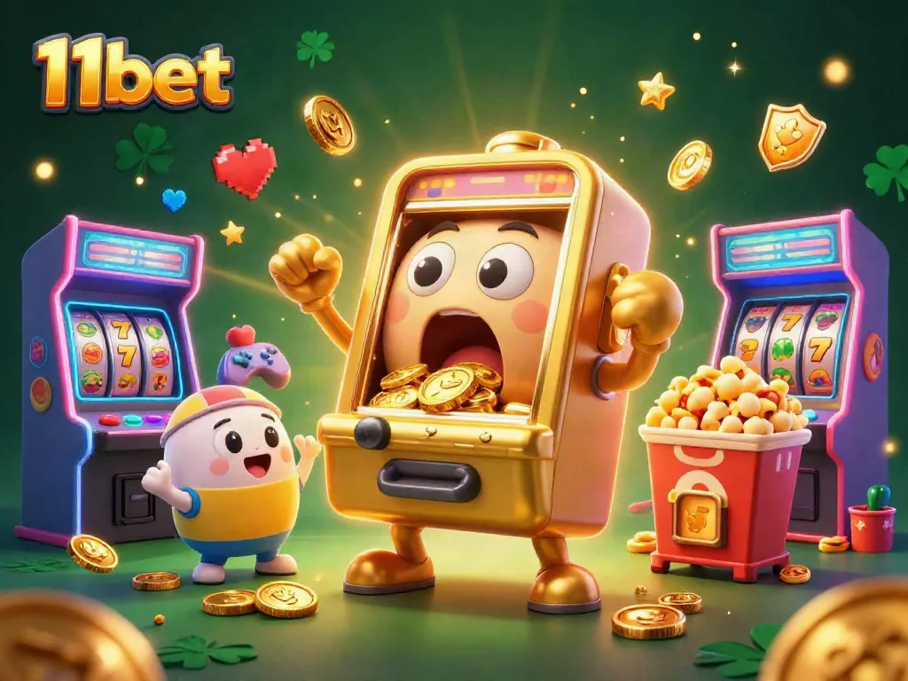 Play thrilling games with 11bet as a golden slot machine hits a jackpot amidst a dynamic casino atmosphere.
