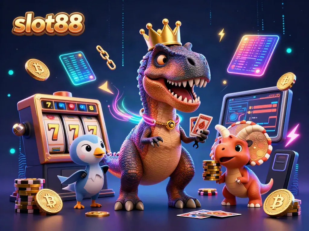 Engage in thrilling slot88 action with T-Rex and friends at a vibrant casino.