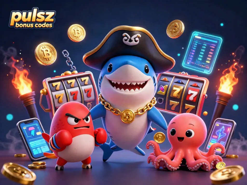 Play and win with pulsz bonus codes while surrounded by a dynamic casino scene featuring a shark pirate and friends.