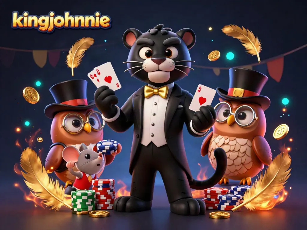 Experience the thrill of kingjohnnie casino with a stylish black panther dealing cards and a charming owl holding poker chips.