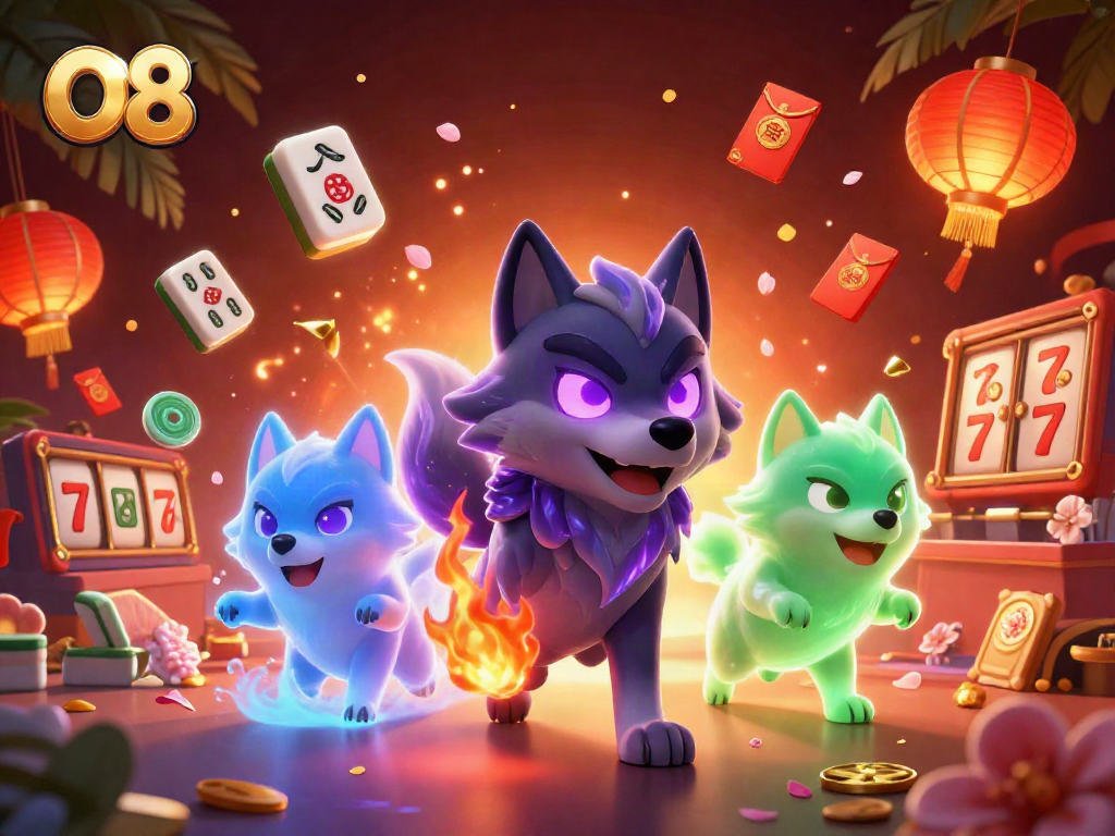 Engage with O8's dynamic online gaming experience showcasing ghostly wolves and vibrant slot elements.
