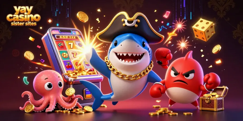 Experience excitement with yay casino sister sites featuring a pirate shark, pufferfish, and octopus in a vibrant casino scene.