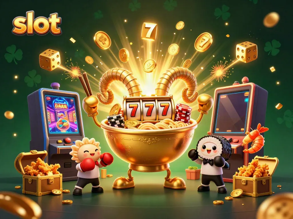 Engage with slot action featuring a giant ramen bowl dealer, casino games, and vibrant characters.
