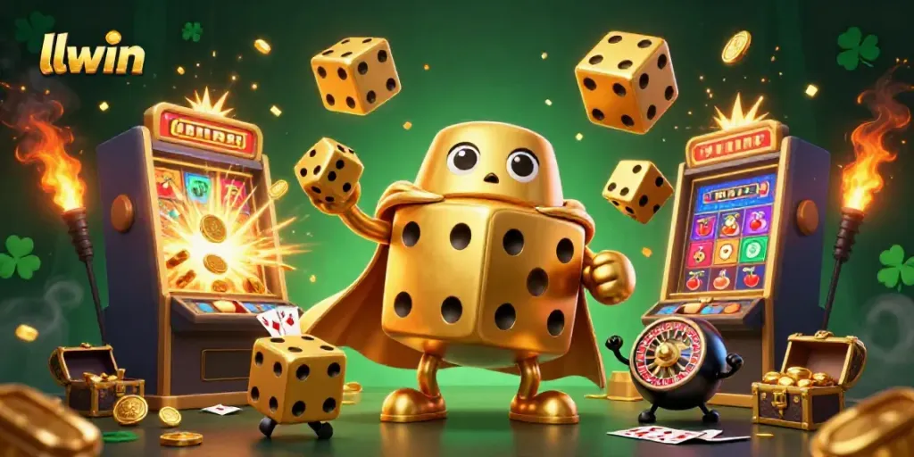 Experience llwin's vibrant casino world filled with lucky symbols and golden dice excitement.