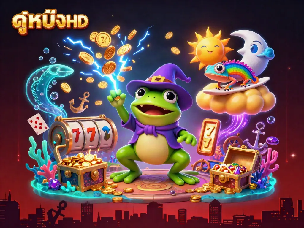Experience the excitement of ดูหนังHD with a whimsical casino scene featuring characters amidst a storm of golden coins and vibrant elements.