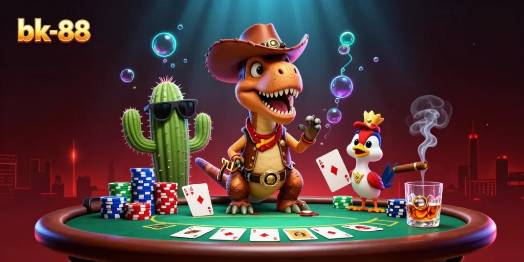 Engage in thrilling gameplay with bk-88, featuring a cowboy dinosaur and poker elements.