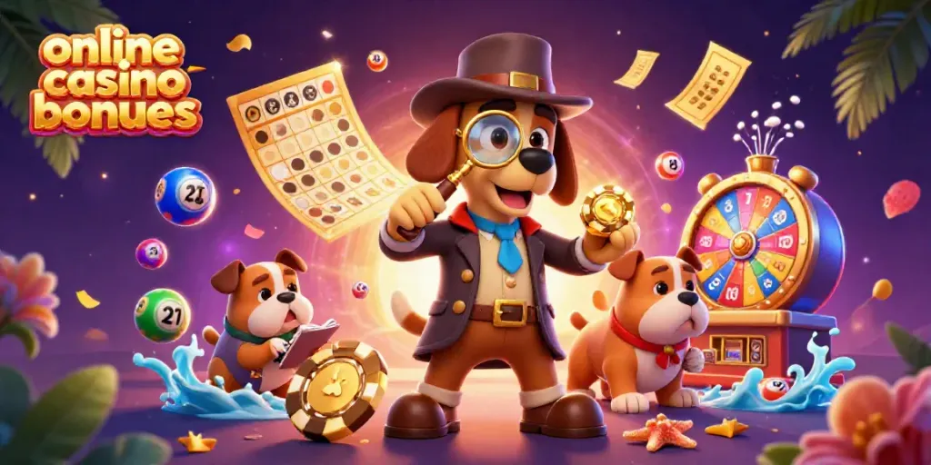 Engage in online casino bonuses with a cartoon detective bloodhound exploring clues amidst vibrant gaming elements.