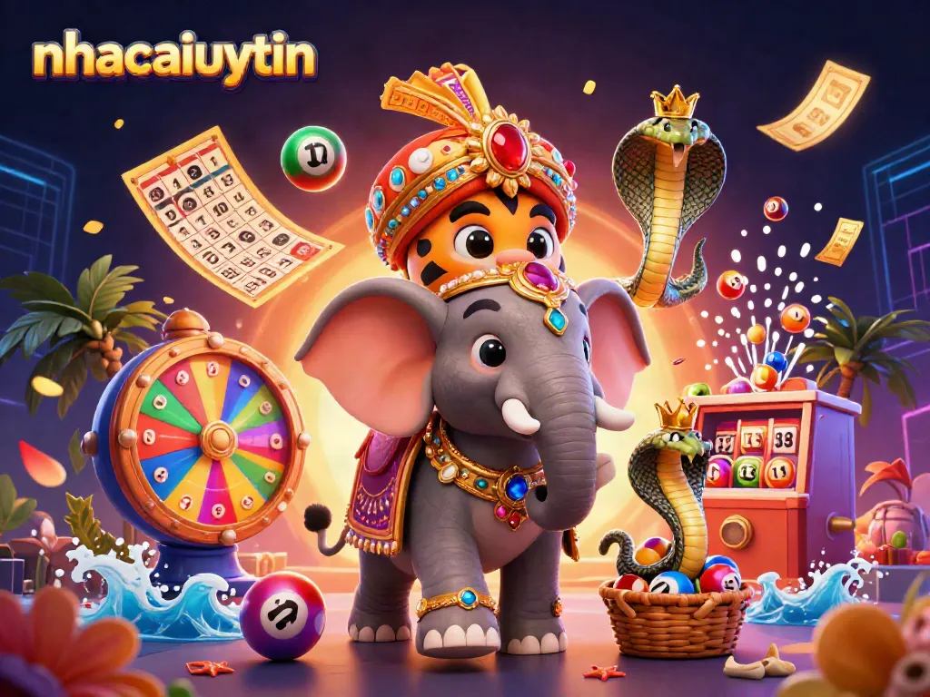 Engage with a vibrant nhacaiuytin lottery scene featuring dynamic balls, an elephant, and a maharaja tiger.