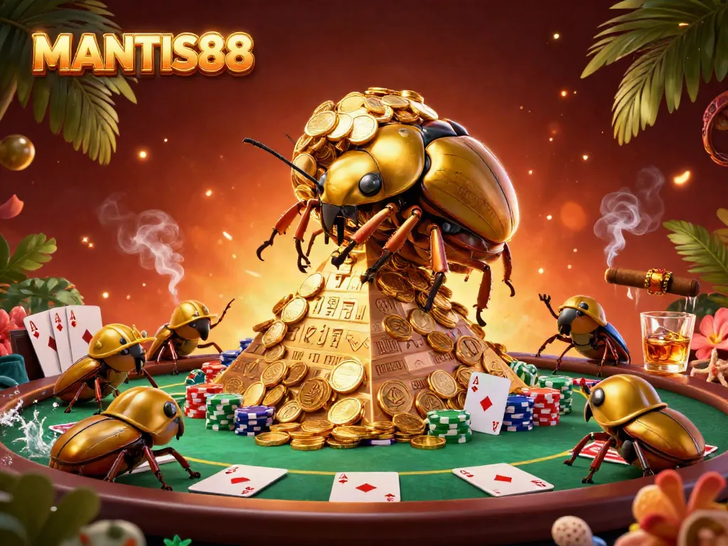 MANTIS88 engages players with a thrilling scene of golden beetles and casino elements.
