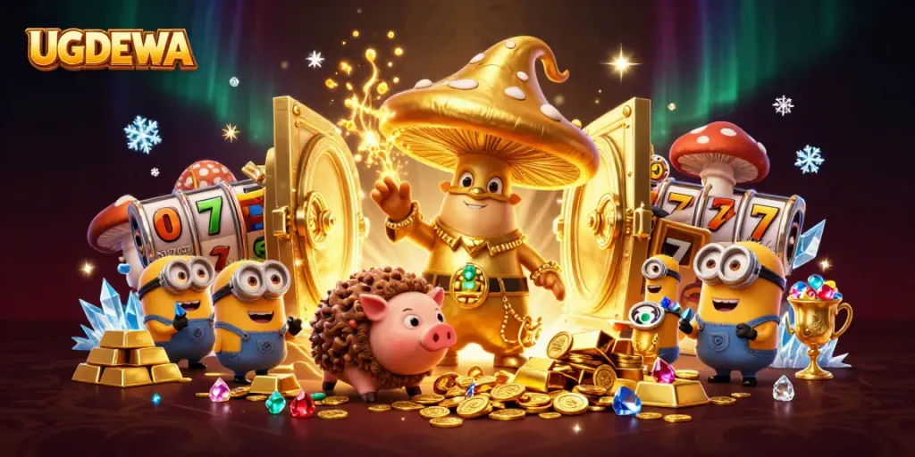 Experience the magic of UGDEWA with a golden mushroom wizard and treasure-filled casino elements.