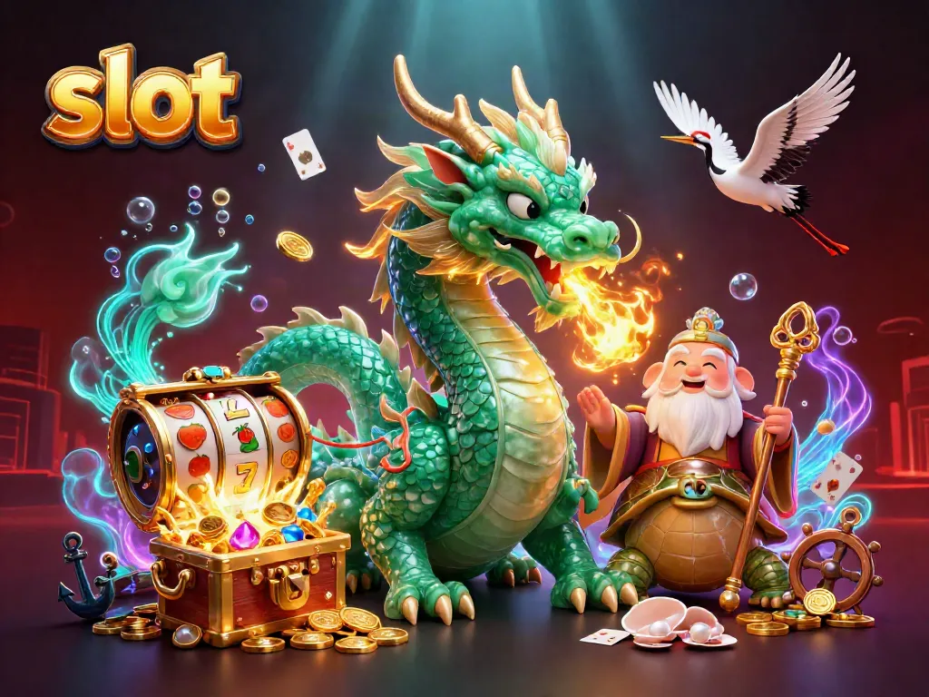 Engaging slot scene with a jade dragon, wise turtle, and lucky cranes amidst vibrant casino elements.
