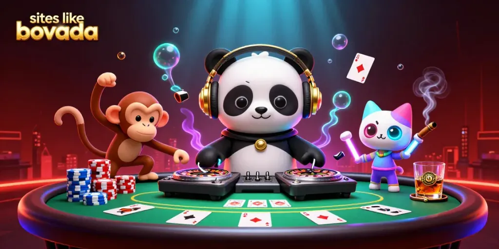 Experience the excitement of sites like Bovada with a lively 3D casino scene featuring vibrant characters.