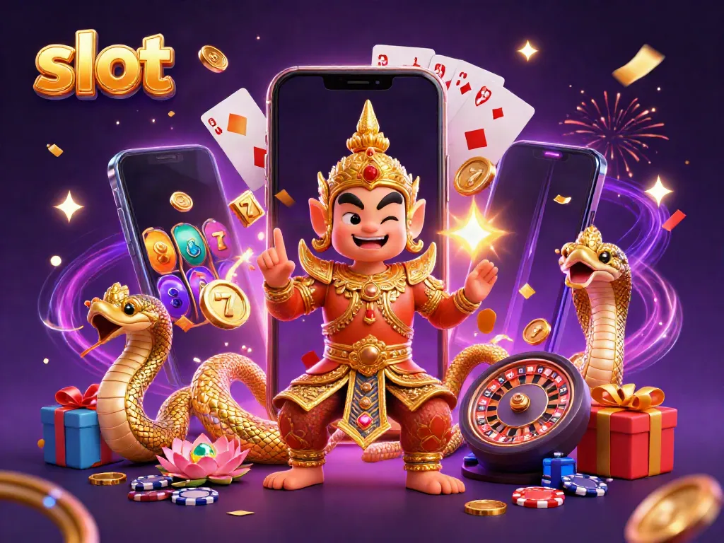 Spin vibrant slot machines accompanied by a Thai guardian and Naga serpents in an enchanting casino scene.