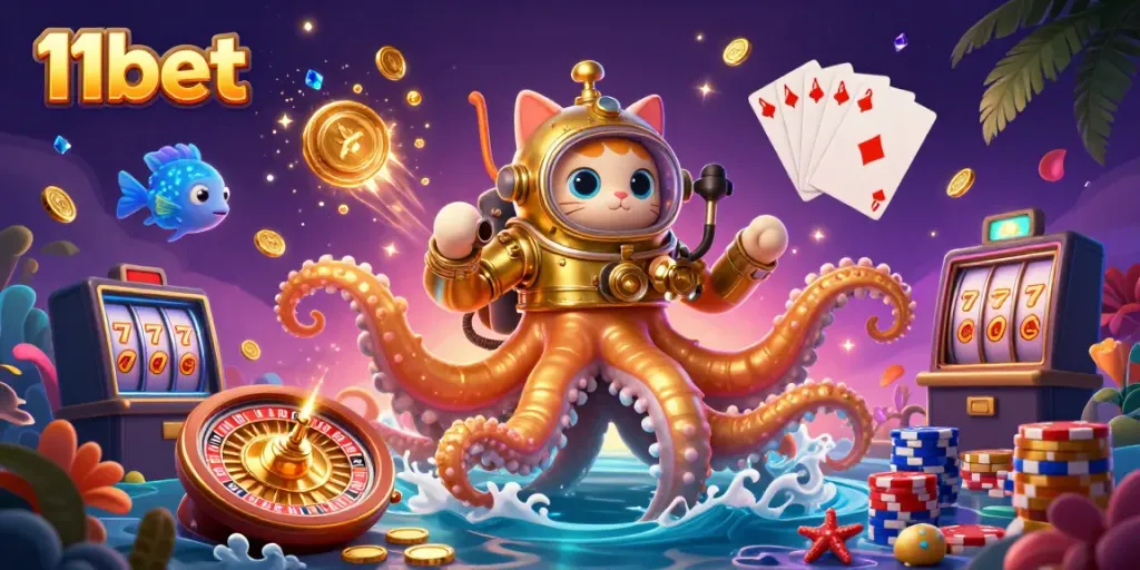 Engage in thrilling action with 11bet as the kraken guards treasures amidst spinning roulette and poker chips.