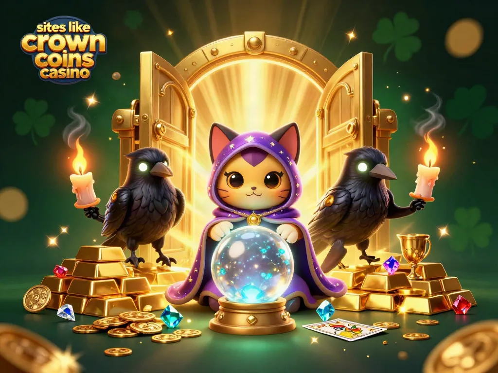 Experience exciting slots like crown coins casino with a vibrant 3D casino scene featuring colorful characters and treasures.