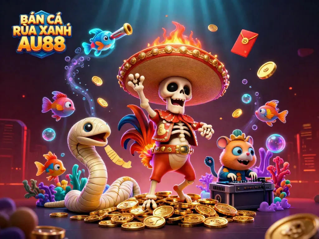 BẮN CÁ RÙA XANH AU88 brings vibrant aquatic fun with animated sea creatures and a dynamic victory dance scene, embodying excitement.