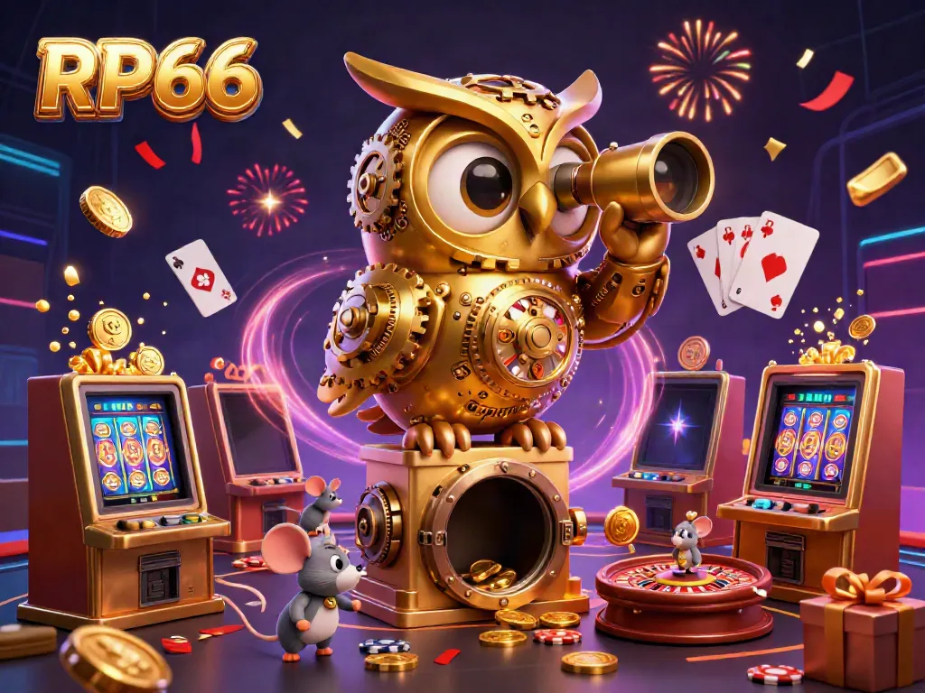 Experience electrifying gameplay at RP66 with vibrant 3D casino scene featuring spinning slots and animated characters.