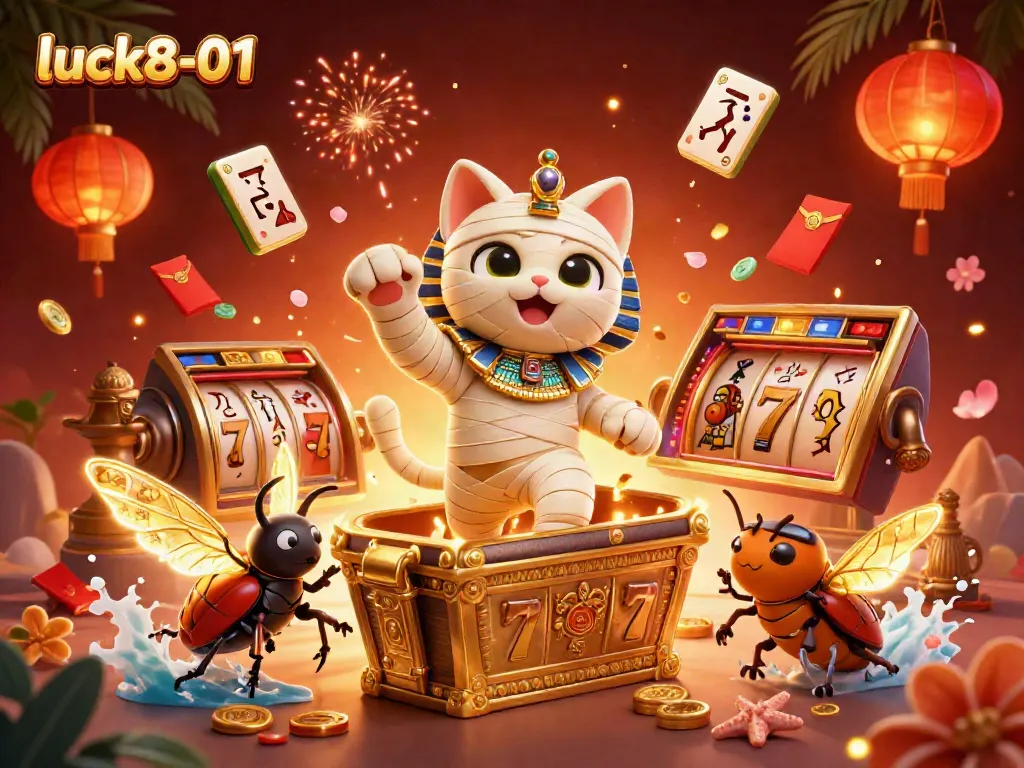 Experience thrilling gaming action with luck8-01's dynamic slots and casino games, featuring a vibrant mummy cat and treasures.