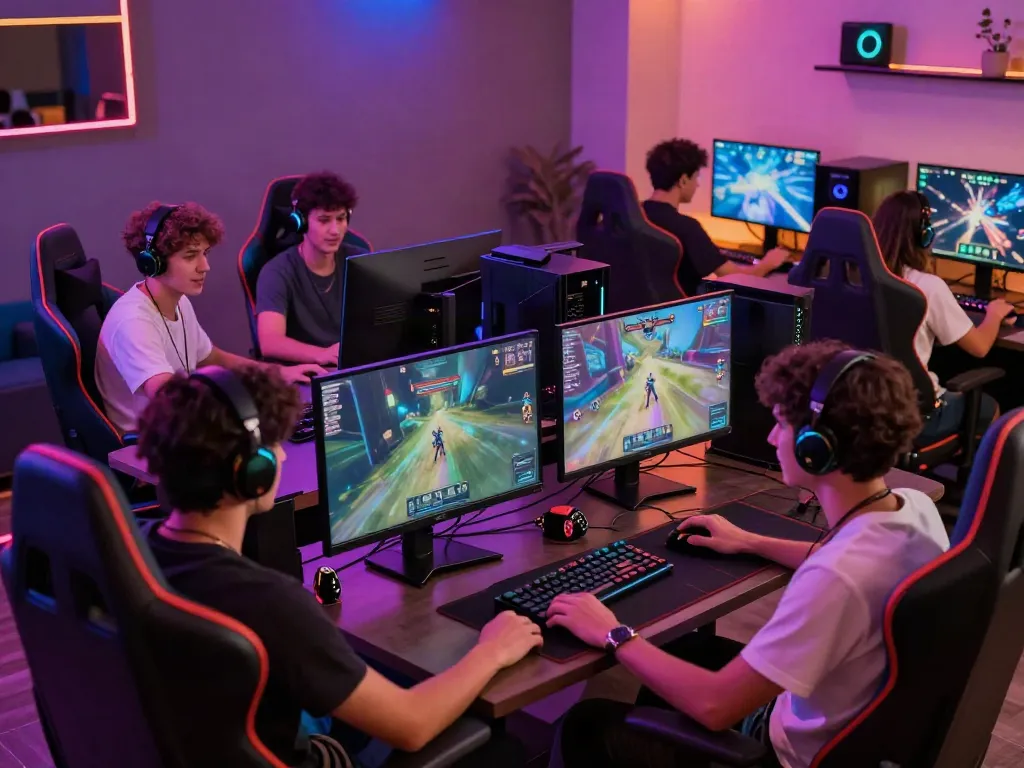 Exciting gaming lounge scene showing players enjoying luxury111's online games with high-tech setups.
