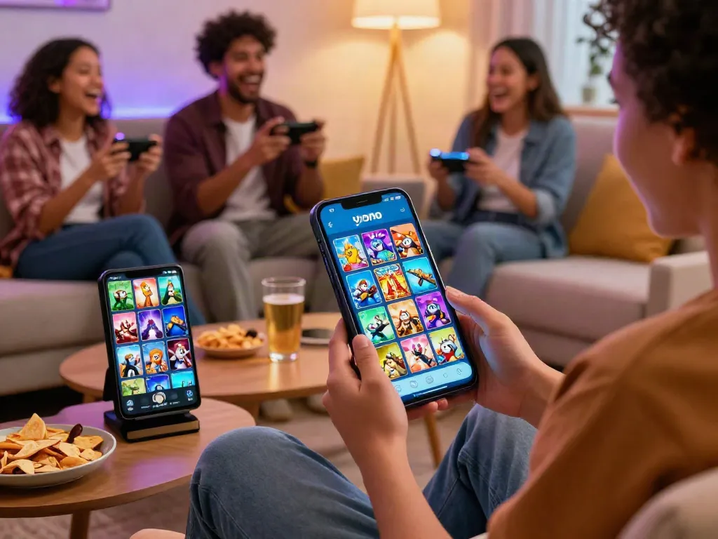 Engaging gaming experience with Yono Arcade mobile app in a lively living room