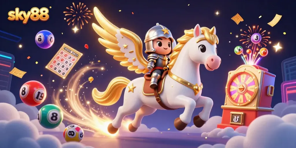 Experience the excitement of sky88 with a vibrant 3D illustration of dynamic casino elements.