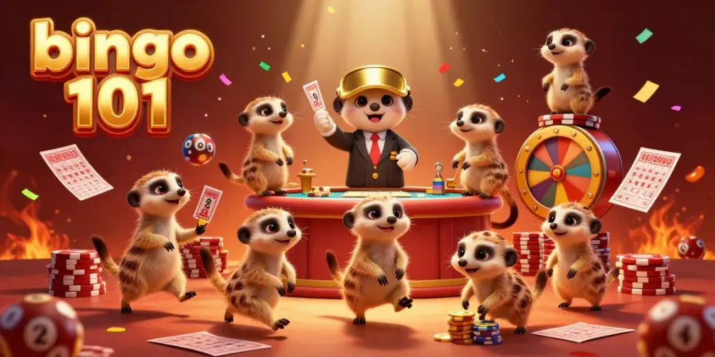 Engage with bingo 101 in an exciting casino scene featuring dynamic meerkats playing and winning.