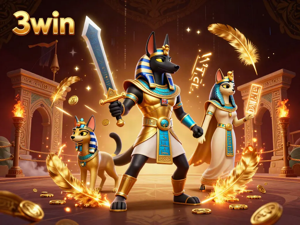 3win gaming experience featuring Anubis and Bastet amidst a vibrant casino scene with glowing elements.