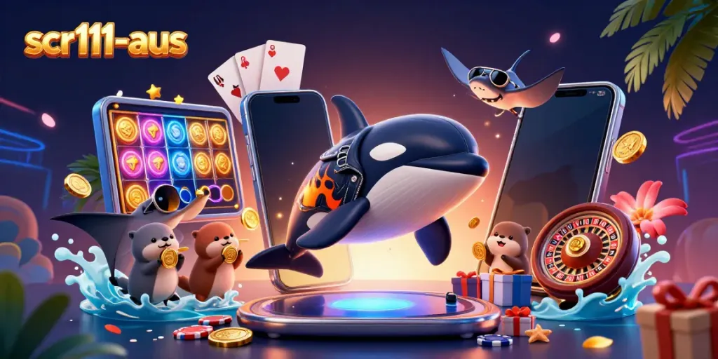 Experience excitement at scr111-aus with an orca, stingray, and otters celebrating gaming wins.