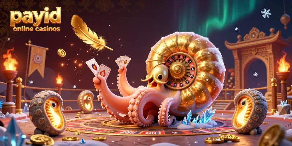 Experience thrilling action at payid online casinos with a vibrant, detailed casino scene featuring a giant nautilus and glowing ammonites.