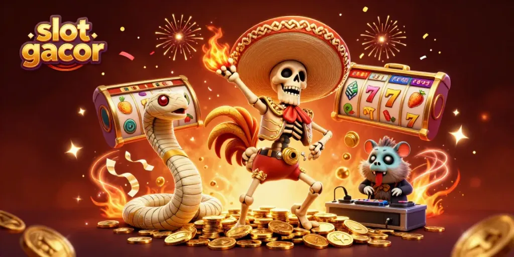 Slot gacor menghadirkan karakter kartun ceria dan elemen permainan dalam ilustrasi digital yang berwarna-warni.