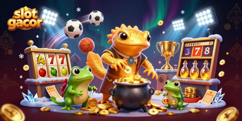 Slot gacor dengan alkemis salamander emas yang menciptakan koin emas bersama simbol slot yang berkilau.