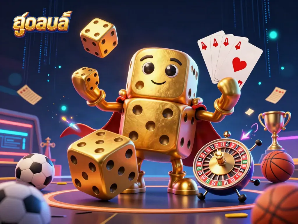 Experience exhilarating sports betting with dynamic иллюстрации featuring golden dice and vibrant sports elements, showcasing ดูบอลสด action.