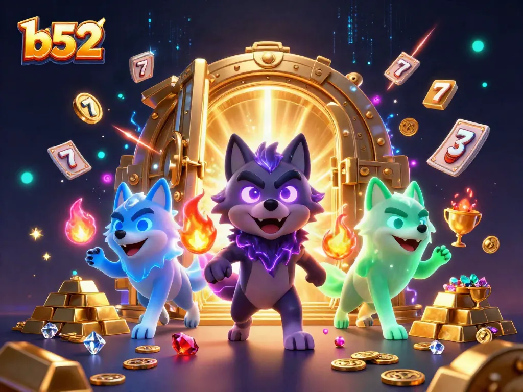 Experience the thrill of winning with b52, highlighting exclusive jackpot slots and glowing treasures.