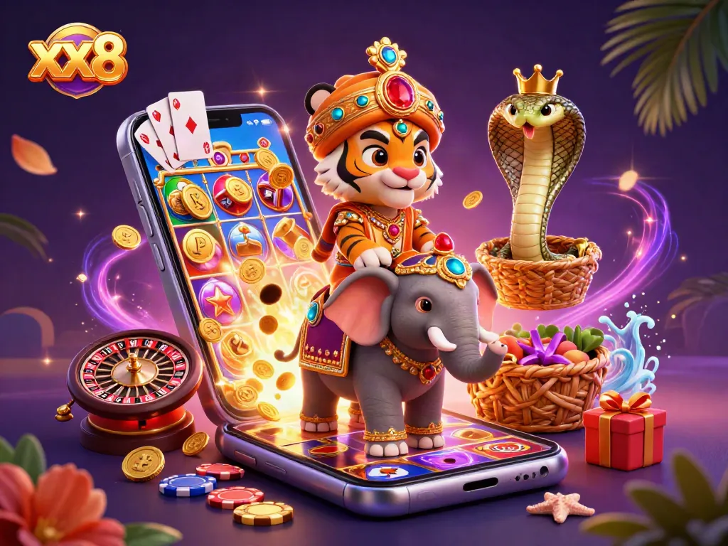 Experience vibrant gameplay at xx8 with a 3D maharaja tiger, jewel-encrusted elephant, and exciting casino elements.