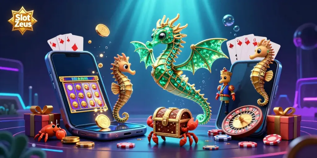 Permainan Slot Zeus dengan naga laut, smartphone, dan harta karun di latar belakang yang mengagumkan.
