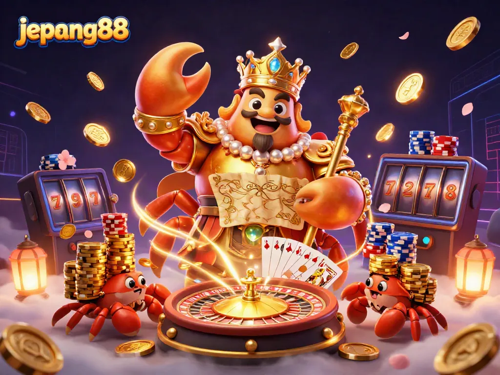 Engage in thrilling gameplay at Jepang88 with a golden crab emperor and casino elements in action.