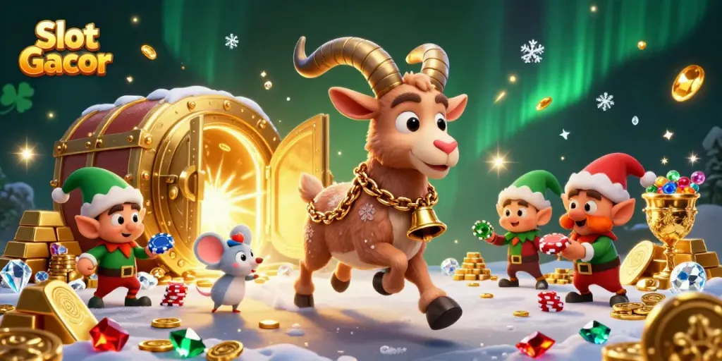 Engage with Slot Gacor at this vibrant holiday-themed casino illustration featuring playful characters and dynamic elements.