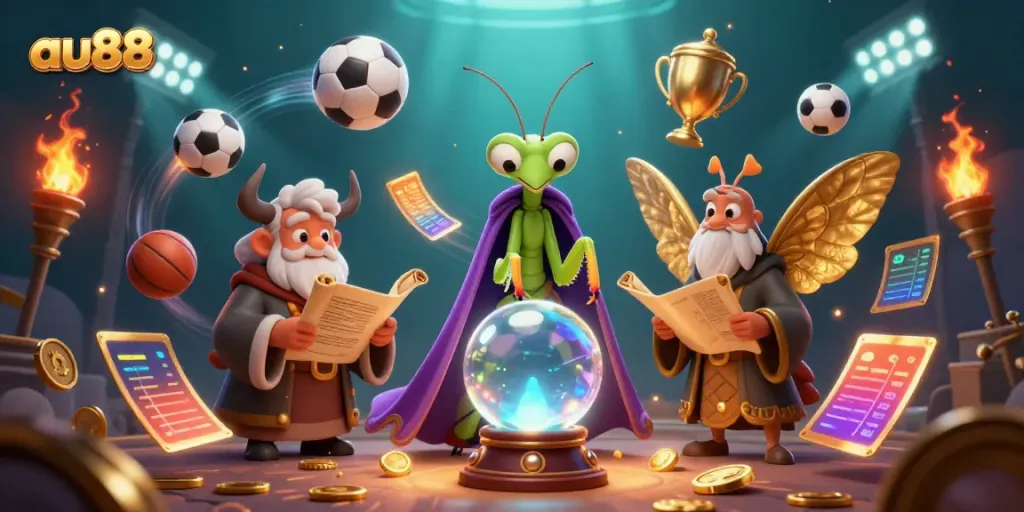 Engage with au88's exciting casino atmosphere in this vibrant 3D scene featuring sports betting elements and mystical characters.