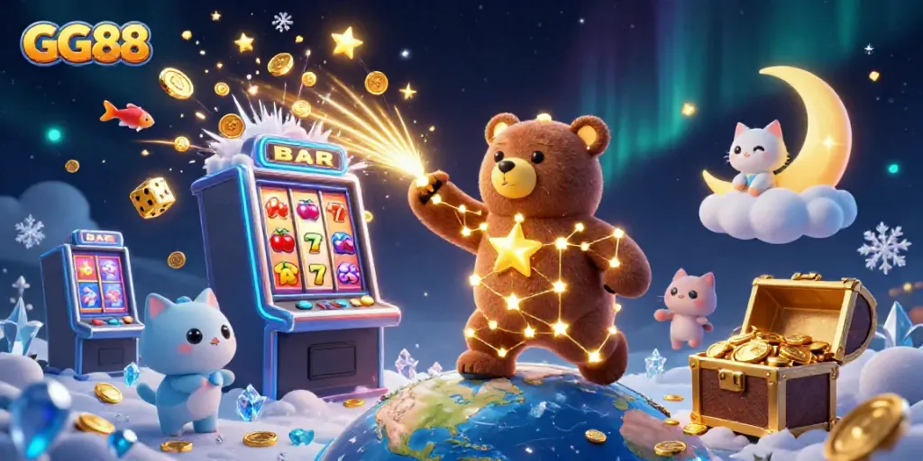 GG88 constellation bear scoops coins in a vibrant casino scene packed with gaming elements.