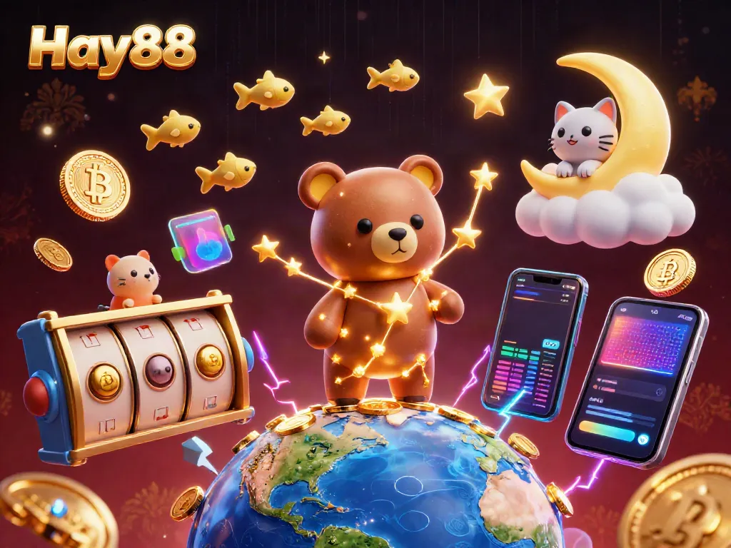 Experience thrilling games with Hay88, featuring vibrant slot reels and shimmering coins.