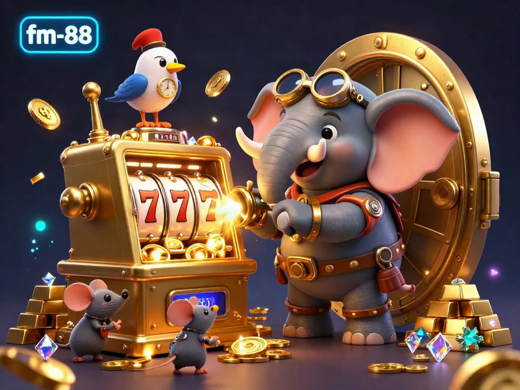 Engage with fm-88 as the steampunk elephant operates a golden slot machine amidst brilliant treasures and gaming excitement.