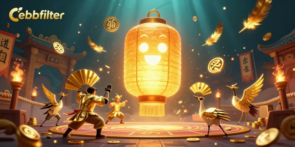Experience thrilling gaming with ebbfilter's vibrant 3D casino illustration featuring golden lanterns and lucky symbols.
